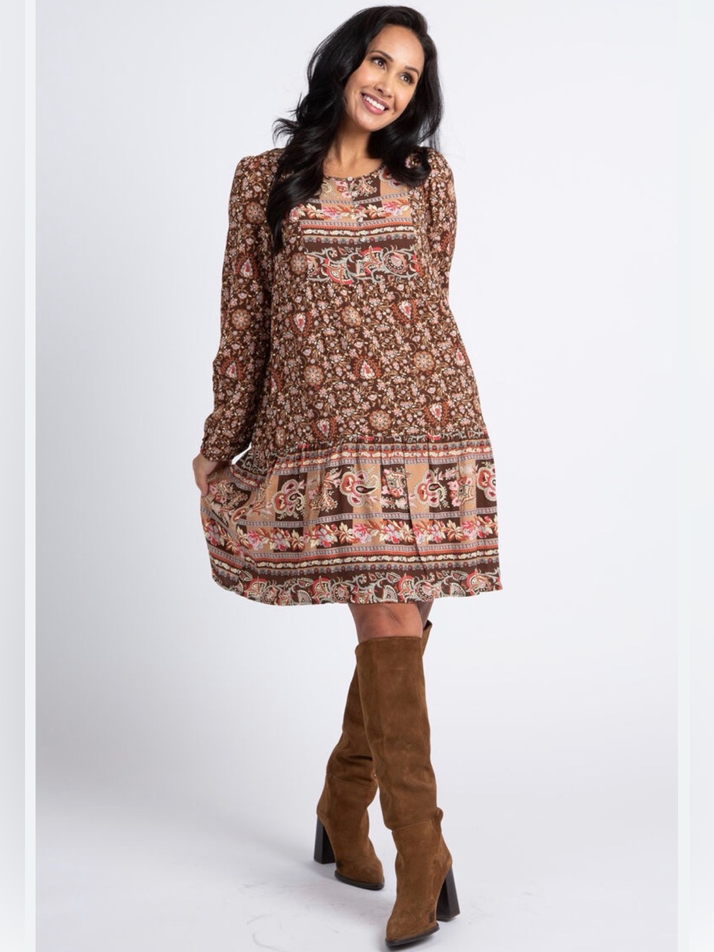 $185 Tribal Women's Brown Challis Button Up Dress Tunic Rayon Size M Excellent